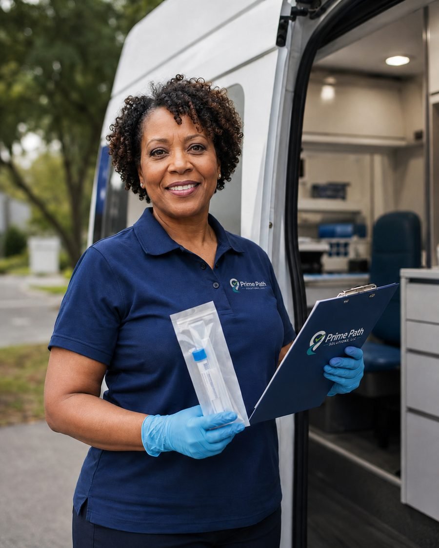 Prime Path Solutions certified collector with sealed specimen kit at the mobile unit
