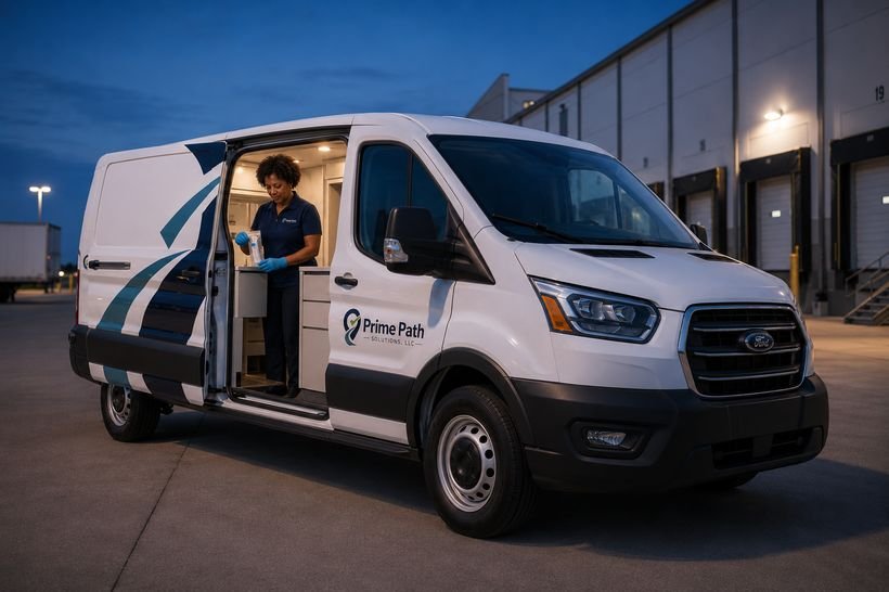 Prime Path mobile unit at a distribution center at dusk, collector preparing kits inside