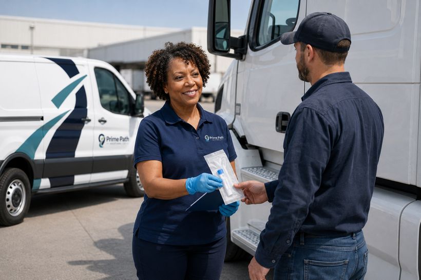 Collector handing a sealed DOT test kit to a CDL truck driver at his semi-truck