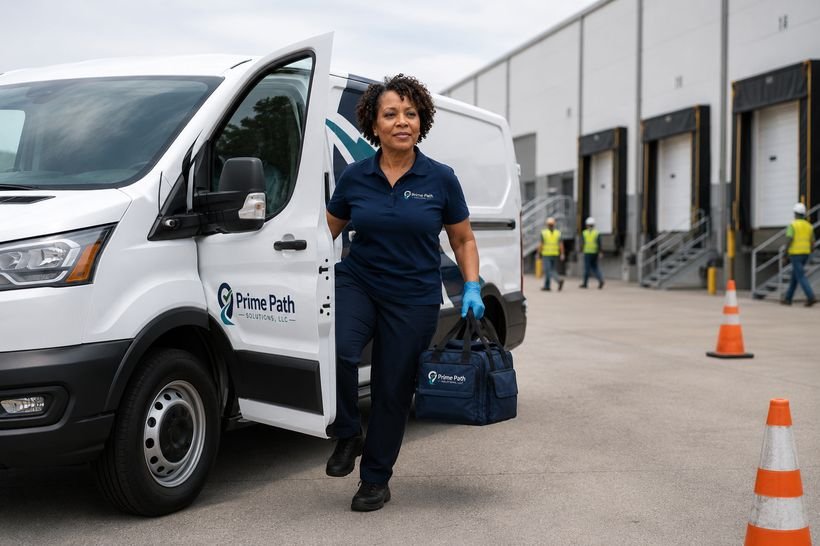 Prime Path collector stepping out of the mobile unit at a work site for urgent testing